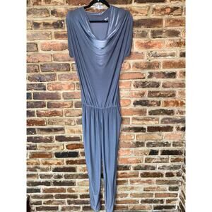 Perla Nera Gray Silver Metallic Short Sleeve Cowl Neck Jumpsuit Women's Size 8